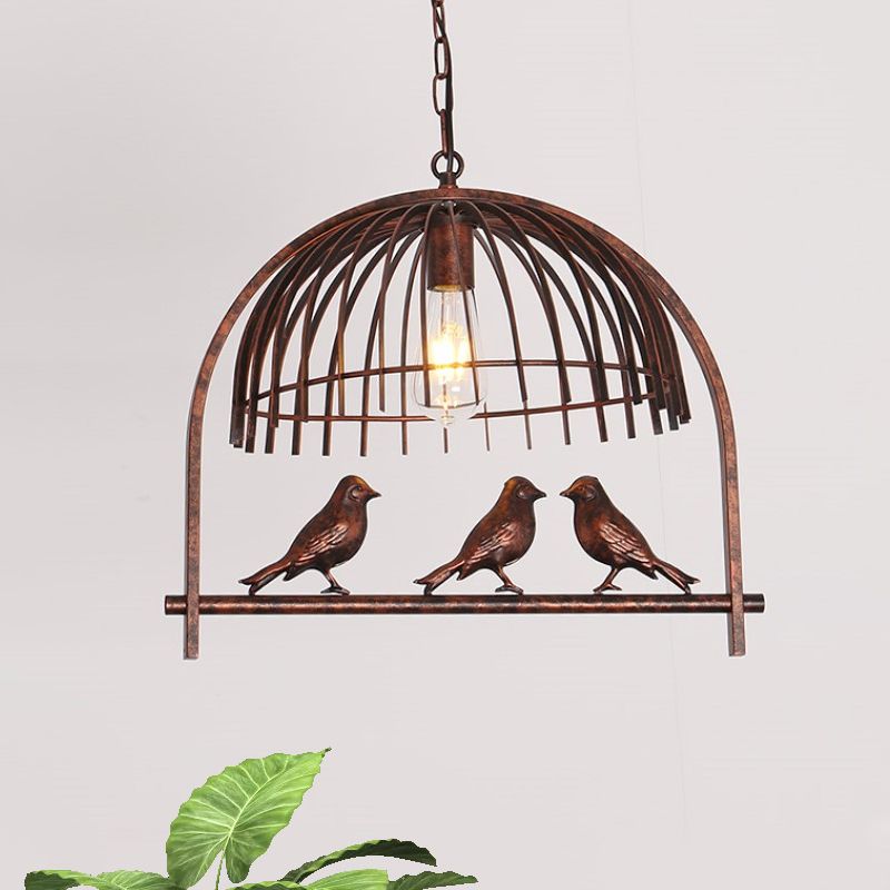 1 Head Wire Dome Hanging Light with Bird Decoration Lodge Style Rust Metal Suspension Lamp