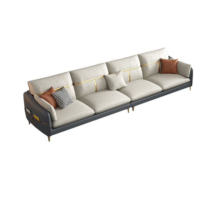 Contemporary Living Room Faux Leather Sofa Pillow Back Couch with Brass Legs