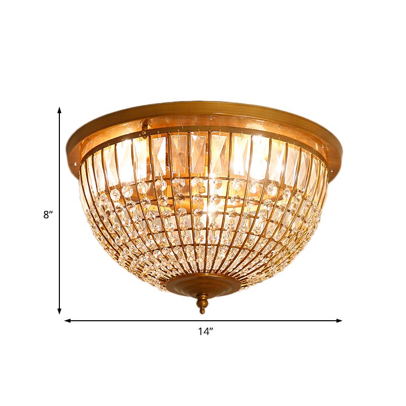 3 Lights Hallway Flush Mount Light with Dome Crystal and Metal Shade Postmodern Brass Ceiling Mount, 14"/18" Wide