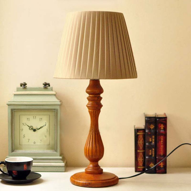 1 Light Barrel Shape Table Light Classic Brown Fabric Nightstand Lamp for Bedroom with Wood Base