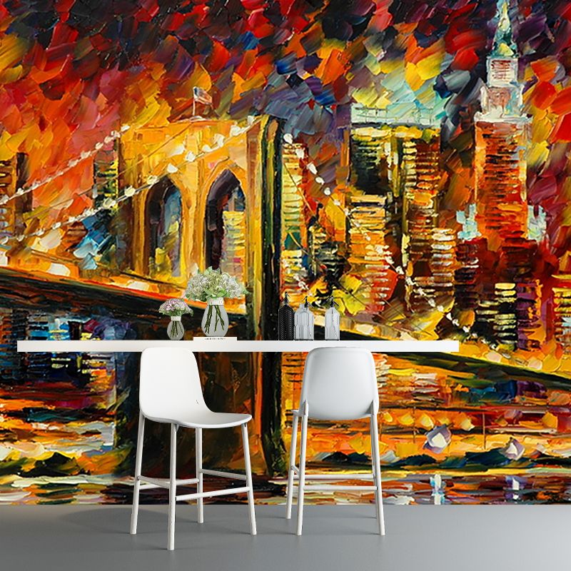 Full-Size Illustration Classic Murals with Leonid Afremov Bridge Slope Painting Pattern in Orange-Yellow