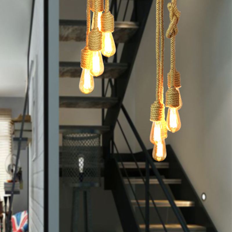 Bulbe industriel Cluster Pendant Light 4 Heads Corde suspendue plafonnier plafonnier en beige avec design de nœuds