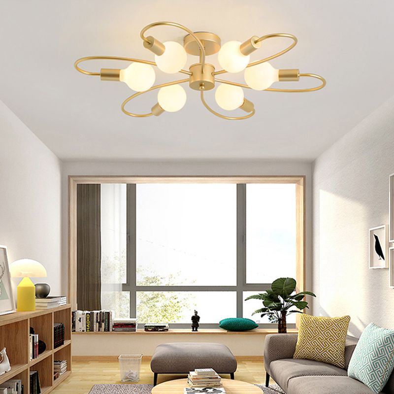 Golden Multi Head Ceiling Light Industrial Metal Semi Flush Mount Lamp for Living Room