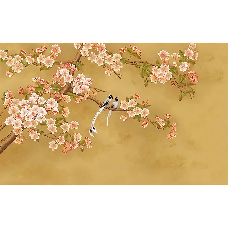 Illustration Magnolia Mural Wallpaper for Living Room, Full Size Wall Art in Yellow and Pink