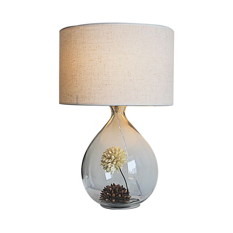 Drum Restaurant Table Light Pastoral Fabric 1-Head Cream Gray Night Lamp with Clear Glass Base and Dried Flower