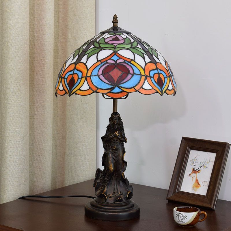 Carved Angel Resin Night Lamp Victorian 1-Light Bronze Table Lighting with Peach Patterned Art Glass Shade