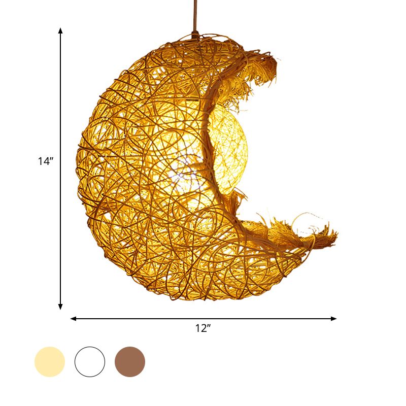 Lámpara colgante de luna en forma de ratán de punto a mano lámpara colgante rústica de luz rústica en beige para la habitación de los niños