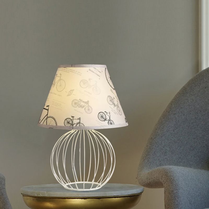 White 1-Light Desk Lamp Traditionalist Fabric Night Table Light with Spherical Wire Cage Base