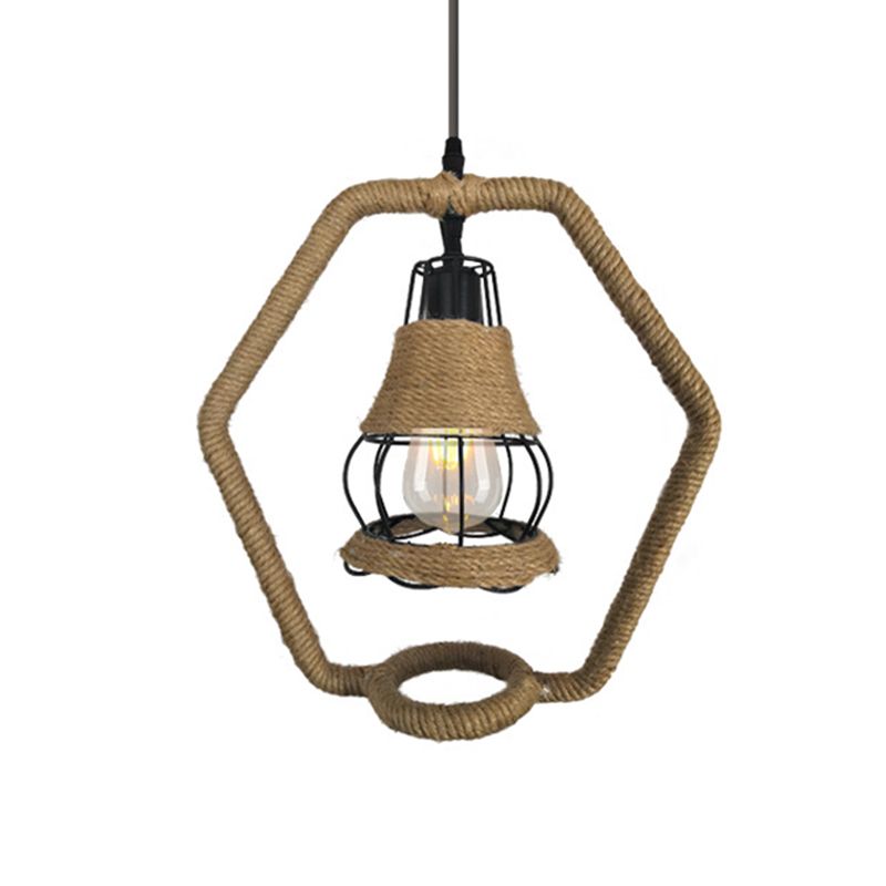 Black Wire Cage Hanging Lighting Country Style 1 Head Metal and Rope Ceiling Lamp with Hexagon Shape