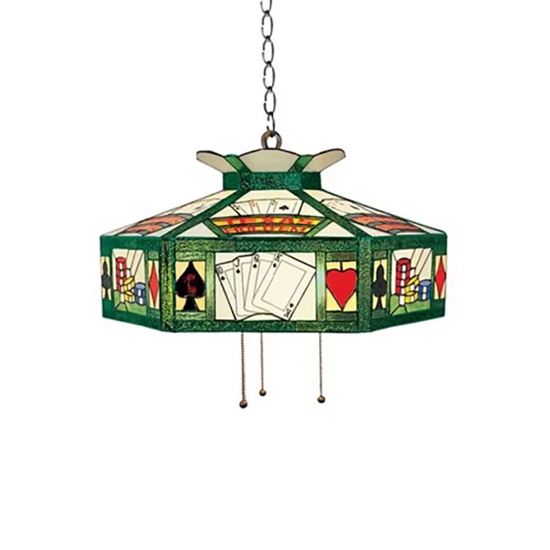 Poker Hanging Lamp Tiffany-Style 3 Bulbs White-Yellow/Green-White Handcrafted Art Glass Pendant Light Fixture, 18"/19.5" Wide