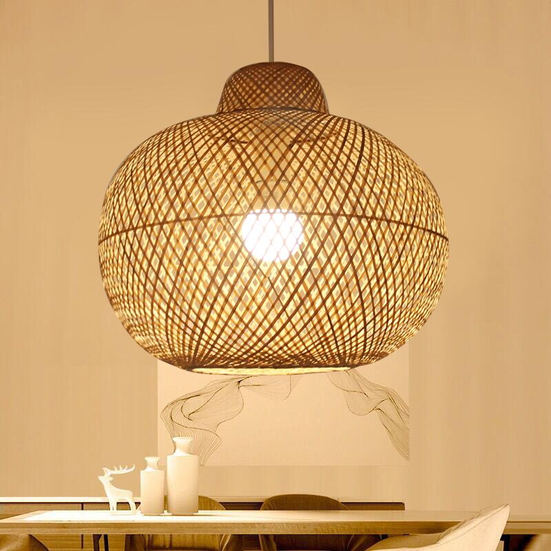 Cross Weaving Lantern Pendant Light Chinese Bamboo Single Khaki Ceiling Suspension Lamp