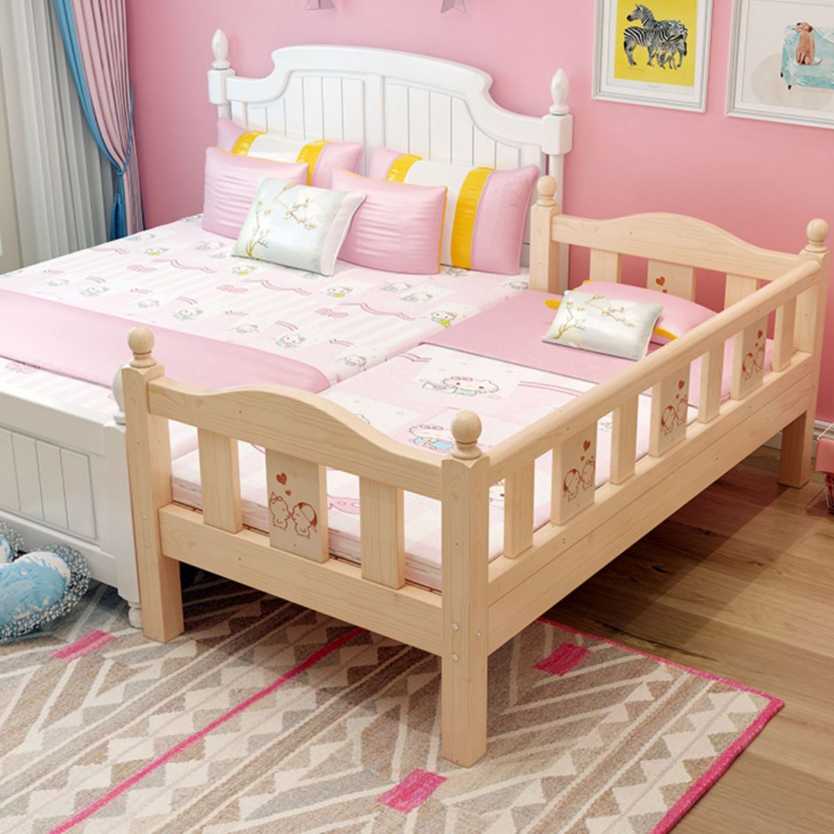 Traditional Style Solid Wood Baby Crib with Guardrail and Mattress