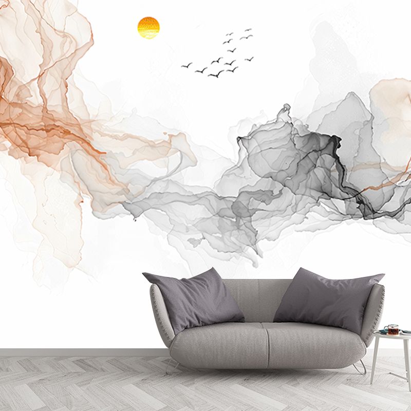 Extra Large Wall Mural for Living Room Swirled Smoke and Flying Bird Wall Art in Brown and Black, Stain-Resistant