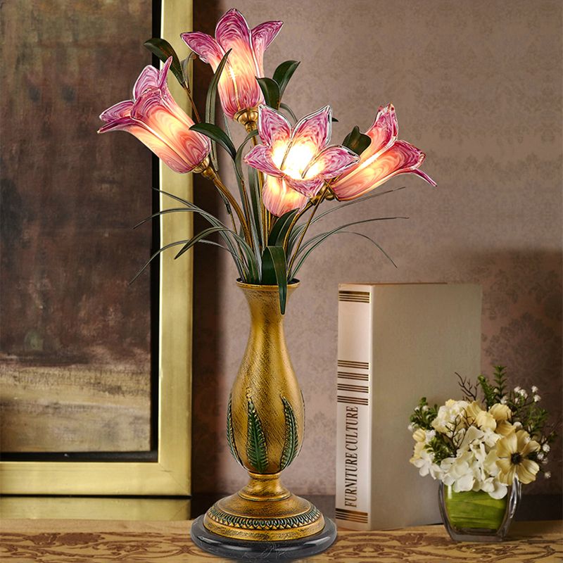 Lily Purple/White Glass Nombo Light American Garden American 4 Bulbs soggiorno Night Table Lighting