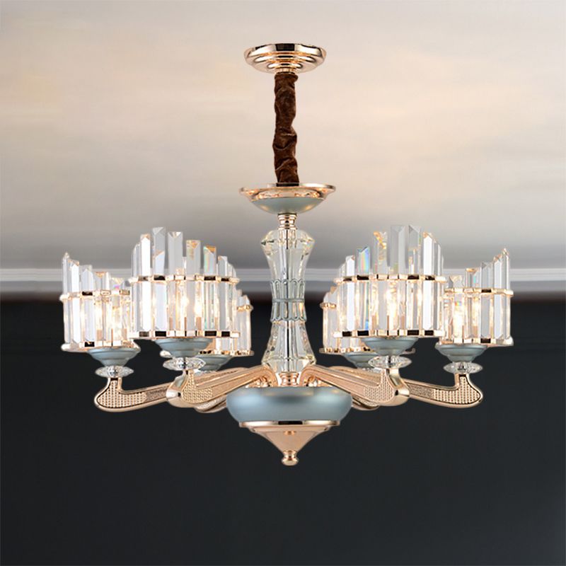 Crystal Block Arced Panel Chandelier Contemporary 6 Bulbs Gold Pendulum Light with Blue Ceramics Detail