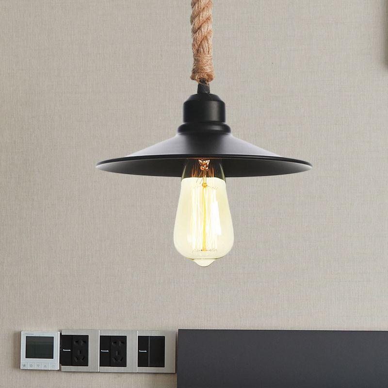 Metaal plat/kegel hanger verlichting industrieel 7 "/8,5" breedte 1 lichte woonkamer hangende lamp in zwart met touwkoord