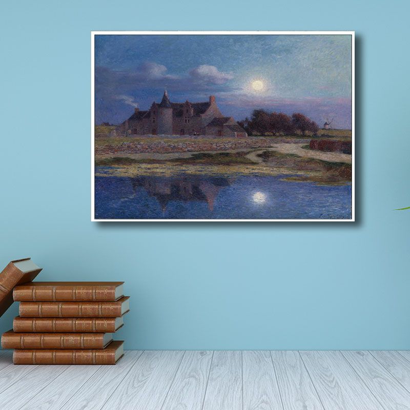 Rustic Full Moon Scenery Art Print Canvas Textured Purple Wall Decor for Bedroom