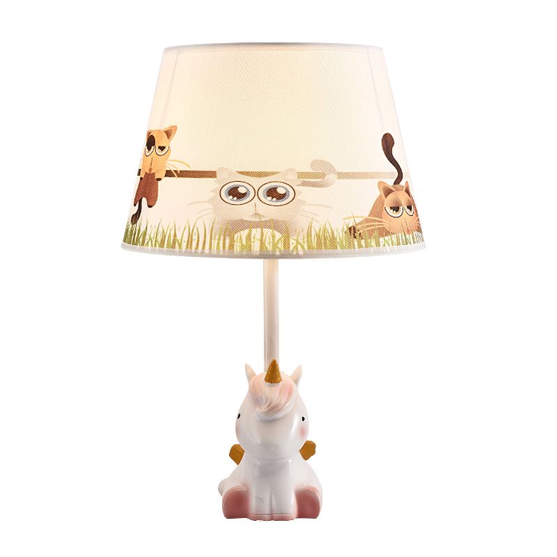 Fabric Cone Reading Lamp Cartoon 1 Light White/Pink/Blue Table Light with Rainbow Unicorn Base