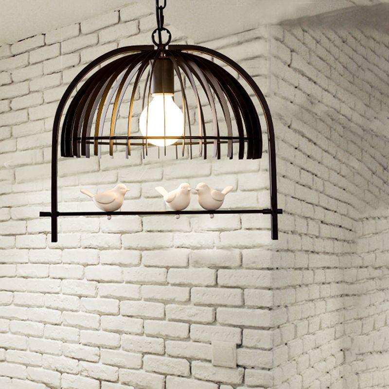 Metal Dome Shade Ceiling Pendant Light with Bird Cage Design Lodge Style 1 Bulb Indoor Hanging Lamp in Black/White