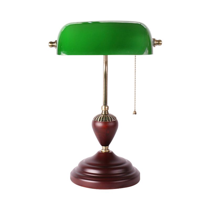 Red Brown 1-Light Table Lighting Retro Green Glass Half Cylinder Night Lamp with Pull Chain