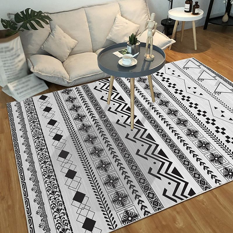 White Tone Bohemian Area Carpet Polyester Tribal Symbols Indoor Rug Easy Care Carpet for Living Room