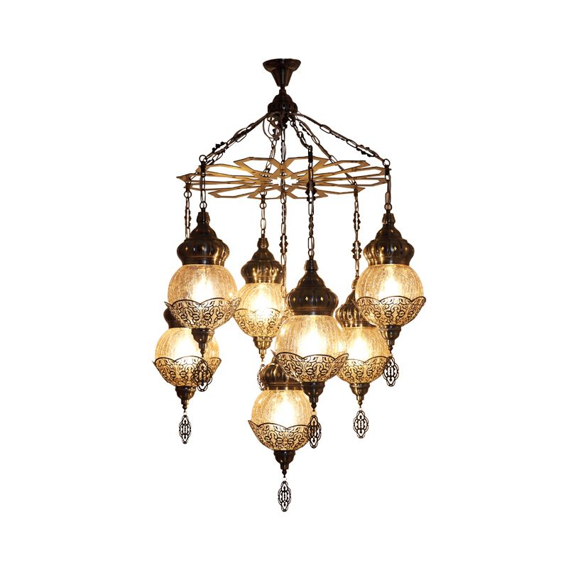 Bronze Spherical Chandelier Moroccan Amber Crackle Glass 7 Lights Restaurant Hanging Ceiling Light with Metal Frame