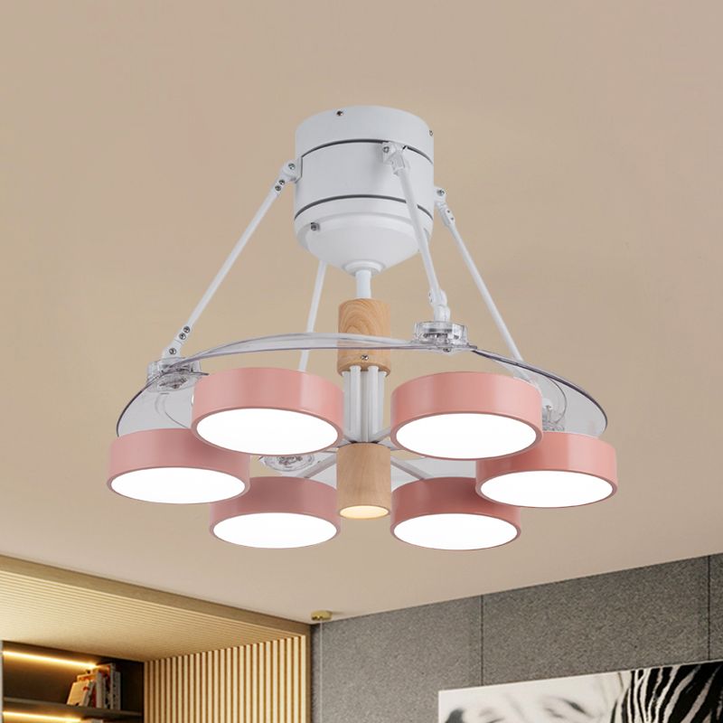 Simplicity Drum Pendant Fan Light Metallic 6-Head 48" W Drawing Room Close to Ceiling Lamp with 4 Clear Blades in Black/White/Pink