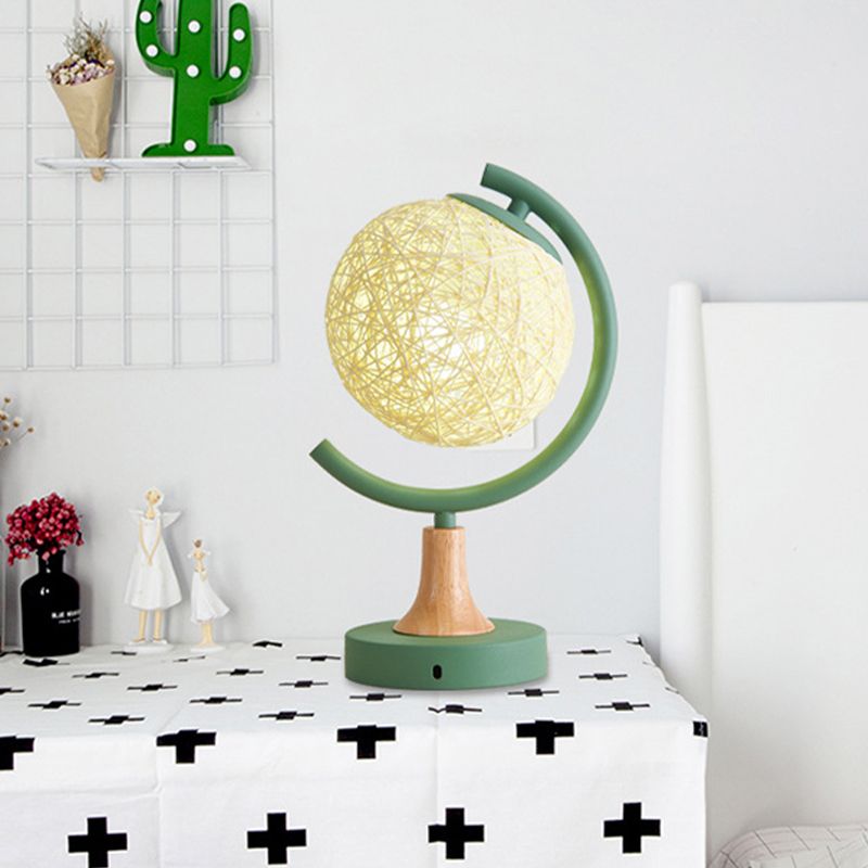 Metallic Globe Nightstand Light Asia Style 1 Light Table Lamp in White/Grey/Green with Rattan Shade