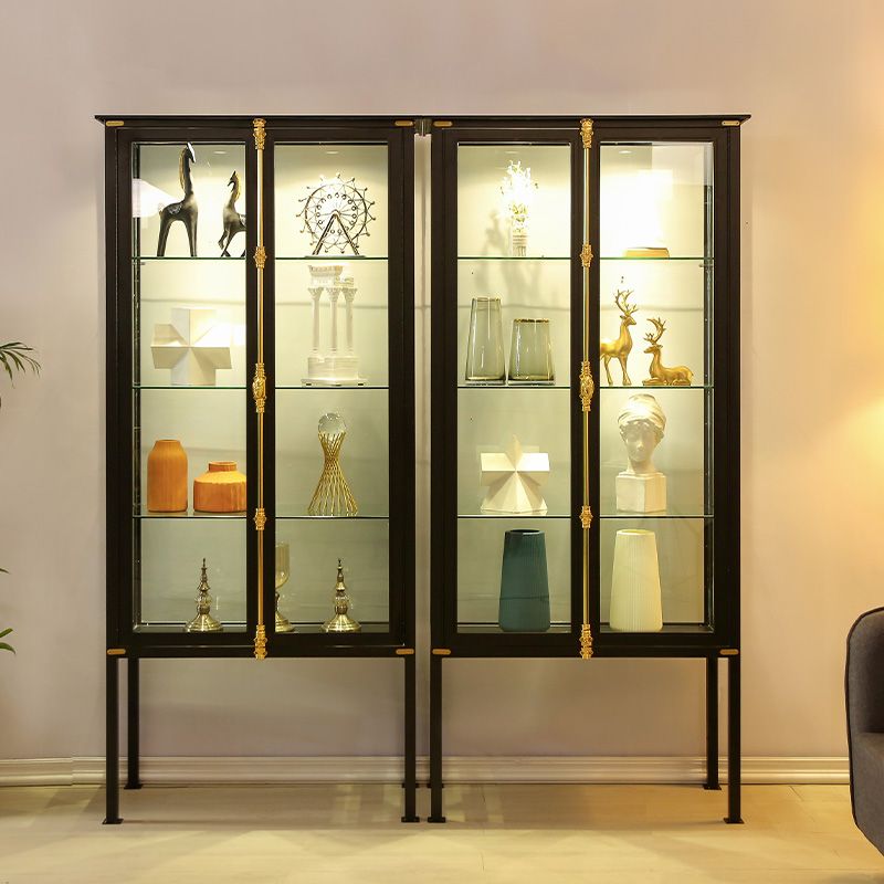 Contemporary Metal Curio Cabinet Glass Doors Hutch Cabinet with Lighting