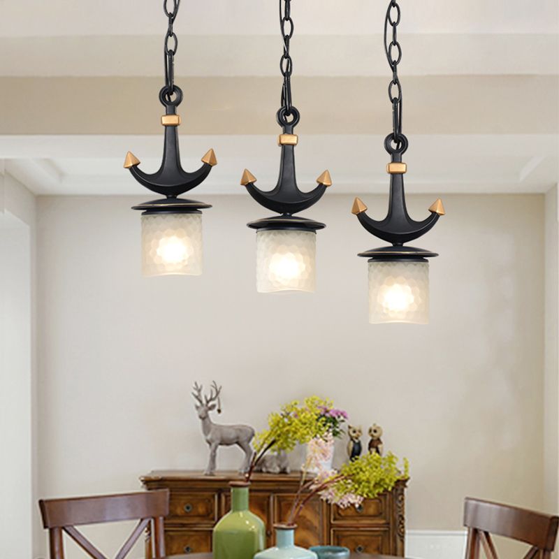 Modern Column Multi-Pendant Frosted Dimpled Glass 3 Heads Parlor Hanging Light in Black with Linear/Round Canopy