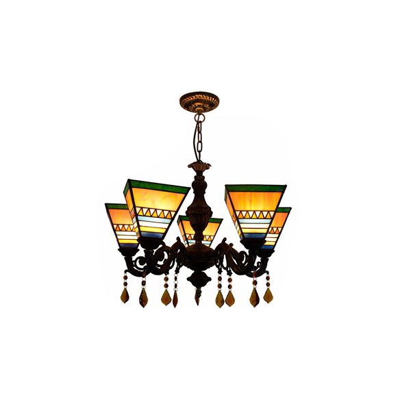 Geométrique Hanging Light Retro Style Treated Verre 5 Bulbes Chandelier avec pendentifs en cristal en jaune / bleu pour chambre à coucher