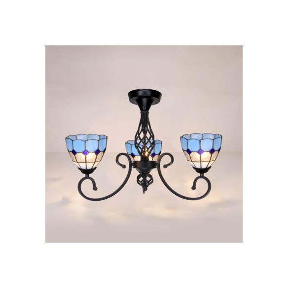 3 Lights Stained Glass Ceiling Light Vintage Tiffany Surface Mount Ceiling Light in White/Blue