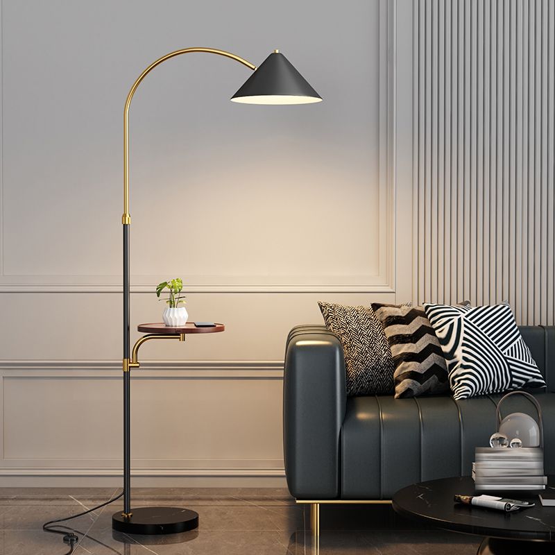 Nordic Style Metal Floor Lamp Iron Shade Bulb Floor Light with Tea Table for Bedroom