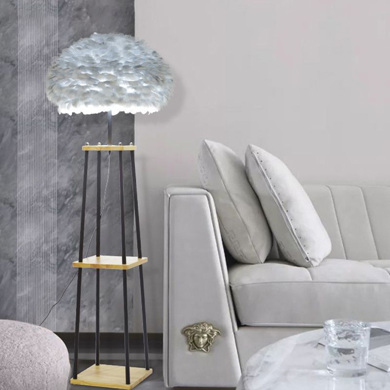 Nordic 2-Tier Shelf Floor Light Wooden Single Living Room Floor Standing Lamp with Dome/Drum Feather Shade in Grey/White