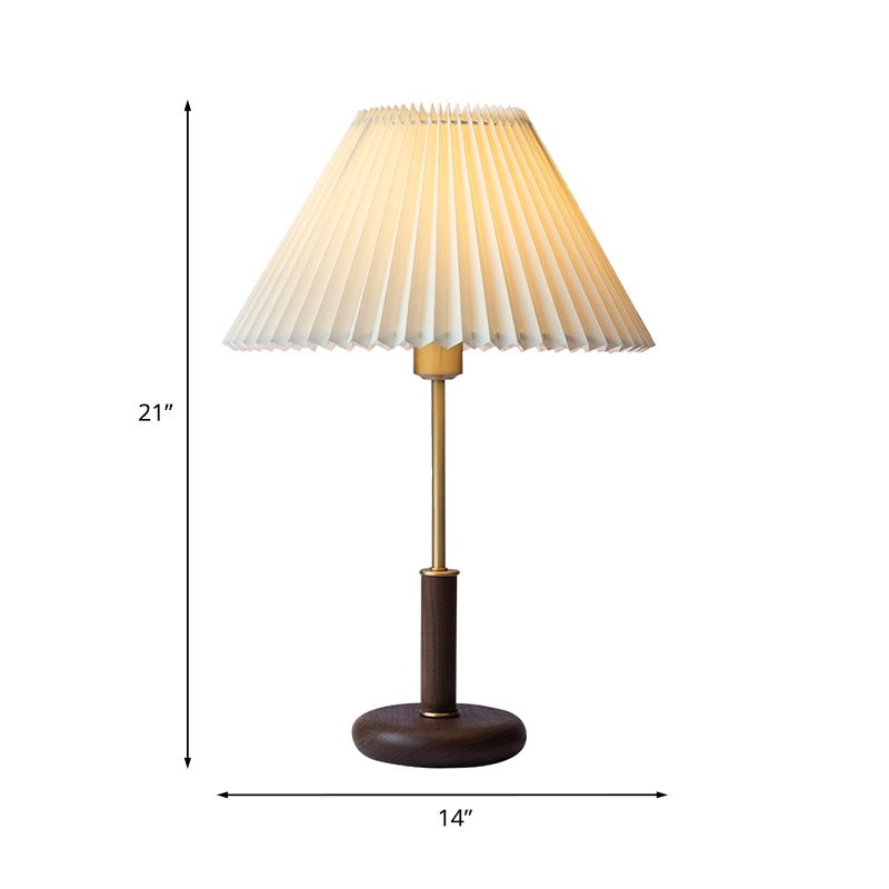 Pleated Plastic Beige Table Lamp Conical 1 Bulb Minimalistic Night Stand Light with Brown Base