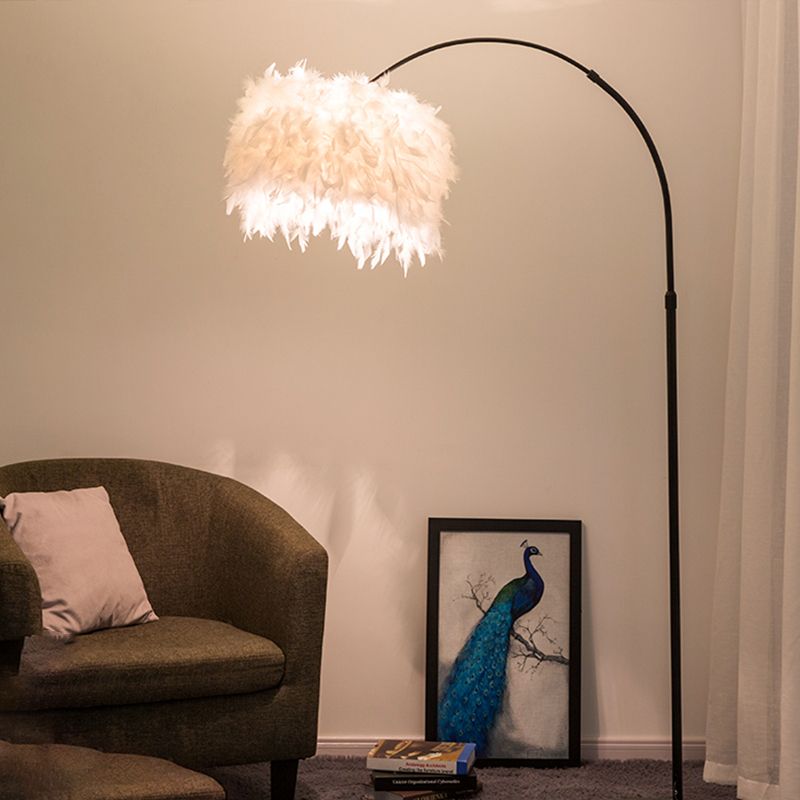 Black/White Drum Floor Lamp Minimalist 1 Head Feather Standing Light with Curved/Straight Lamp Pole