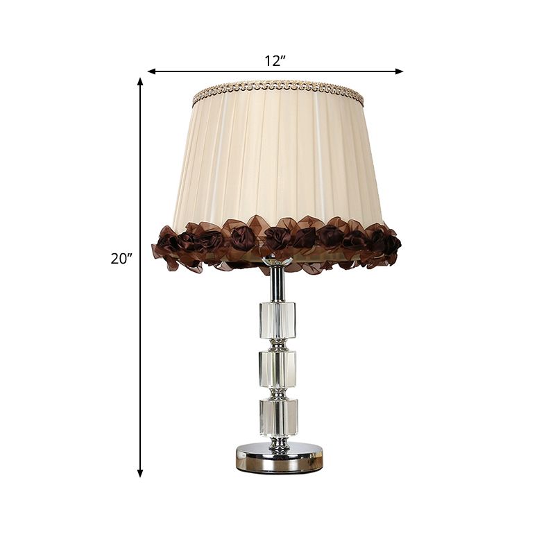 Beveled Crystal Barrel Nightstand Light Minimalism 1 Bulb Beige Table Lamp with Braided Trim