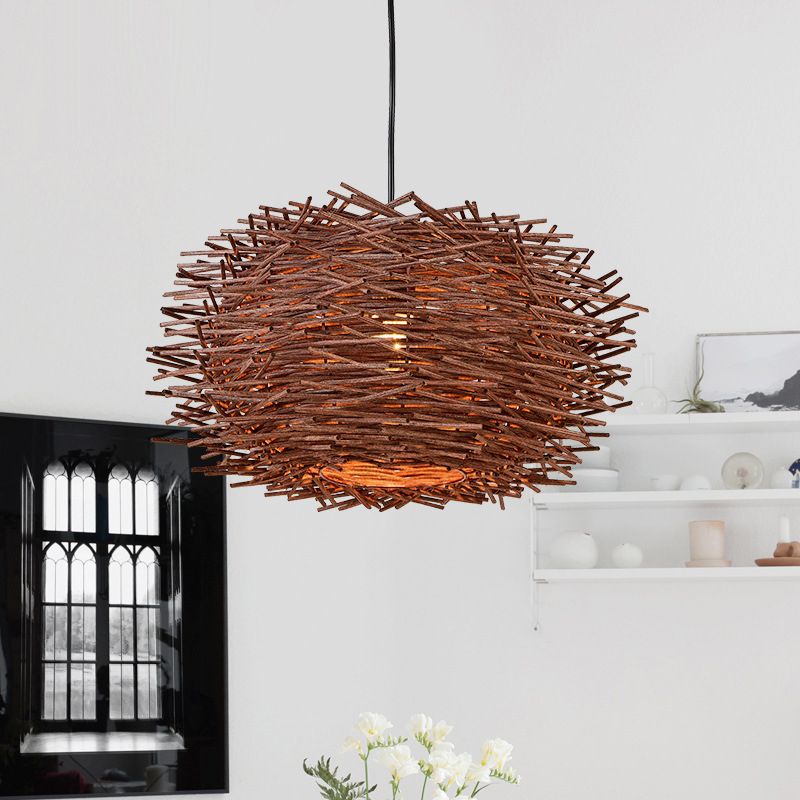 Asia Style Bird Nest Hanging Light Fixture Wood Dinning Room Pendant Lighting Fixture