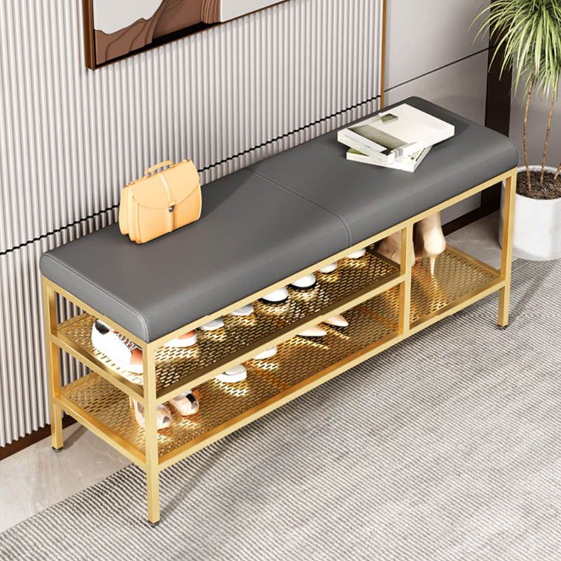 Metal Cushioned Bench Modern Seating Bench with Shelves for Entryway