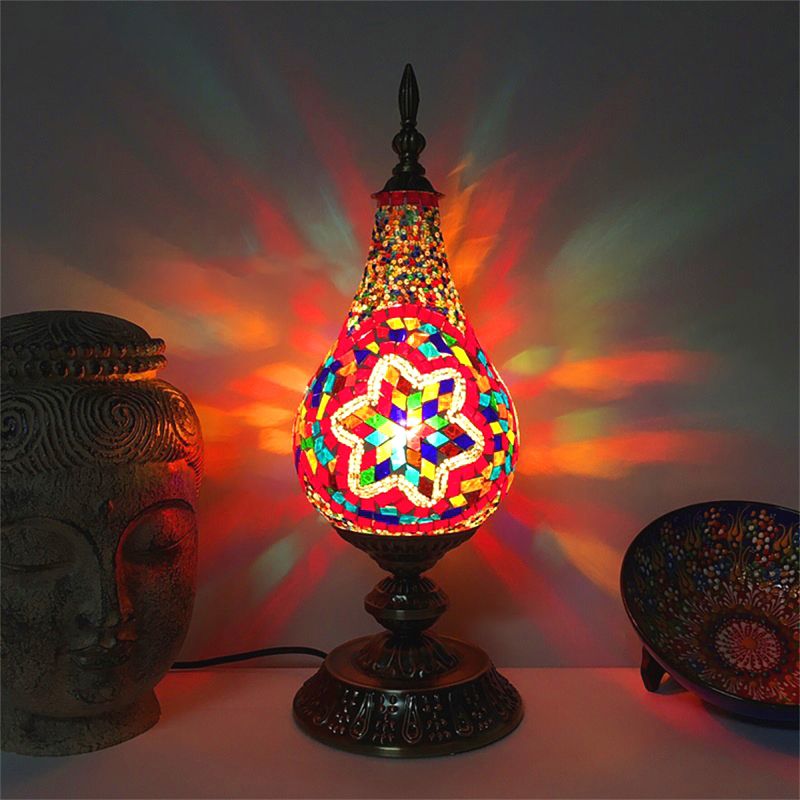 LED Hand-Crafted Glass Table Lamp Vintage White/Red/Yellow Teardrop Bedroom Nightstand Lamp