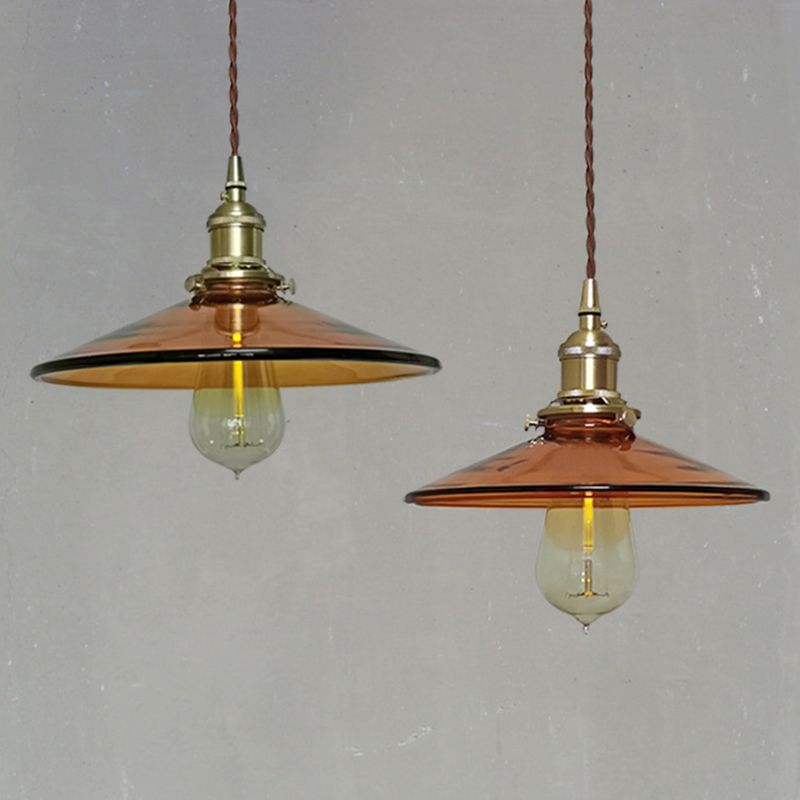 Brown 1 Light Pendant Retro Glass Shade Pan Pendant Light Fixtures for Living Room