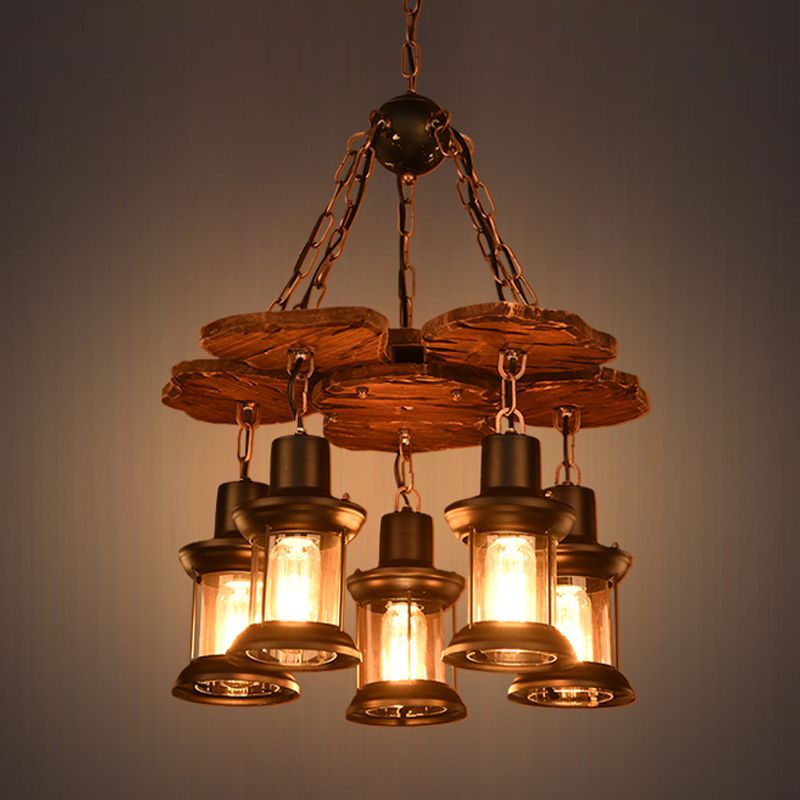 5 Lights Chandelier Light Fixture Farm Dining Room Wood Pendant with Lantern Clear Glass Shade in Black