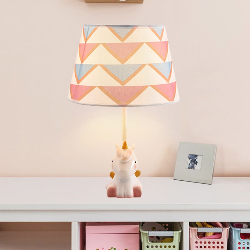 Fabric Cone Reading Lamp Cartoon 1 Light White/Pink/Blue Table Light with Rainbow Unicorn Base