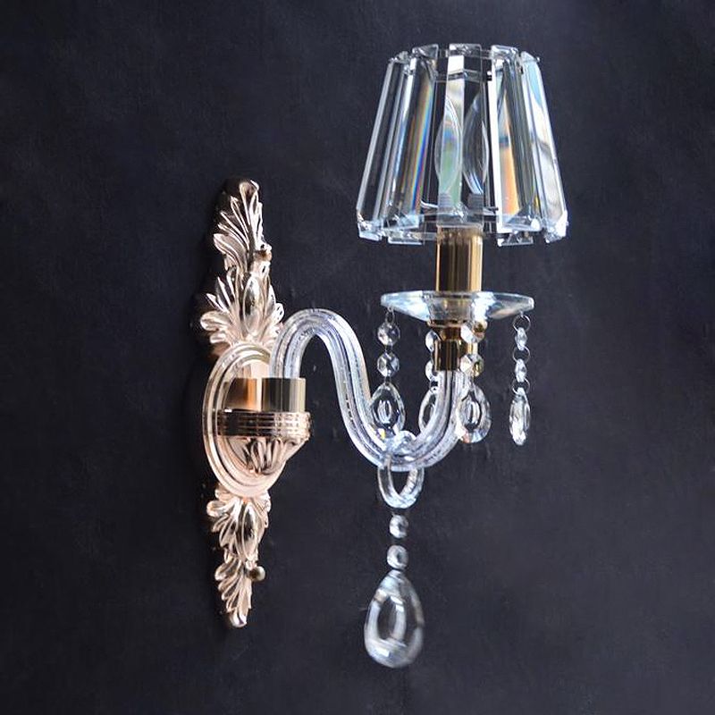 Clear Prismatic Crystal Cone Wall Lamp Vintage 1 Bulb Family Room Wall Light Fixture with Curved Tube Glass Arm