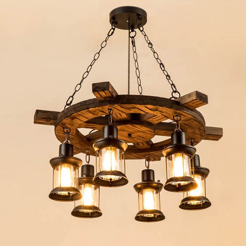 Wood Black Pendant Chandelier Wagon Wheel Industrial-Style Hanging Pendant Light