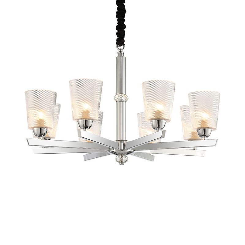 8 Bulbs Flared Pendant Chandelier Modernism Ribbed Glass Hanging Ceiling Light in Chrome