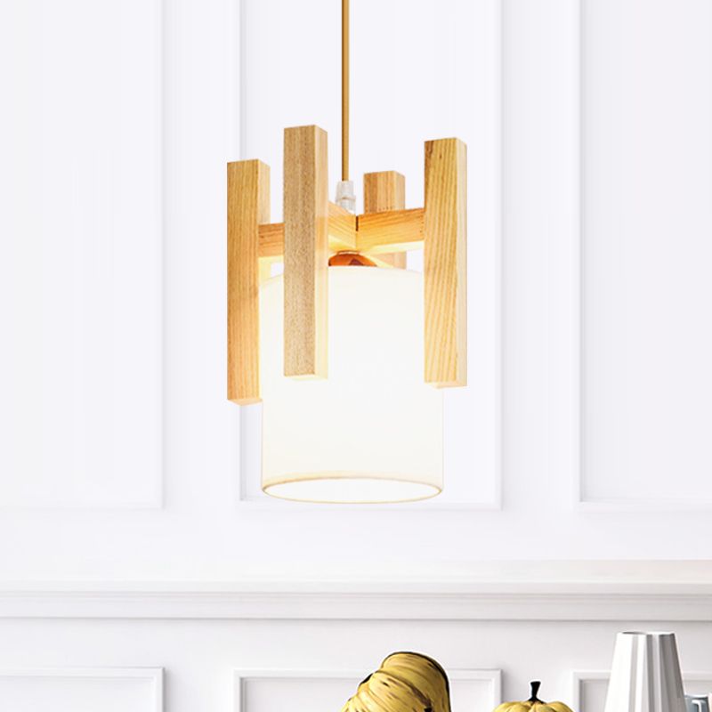 White Barrel Small Hanging Light Japanese Single Fabric Suspension Pendant Light with Wood Cage Top