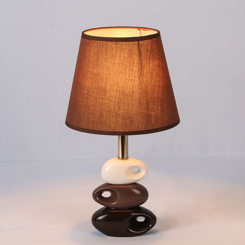 Coffee Barrel Night Table Light Modern 1 Bulb Fabric Nightstand Lamp with Stone Ceramics Base