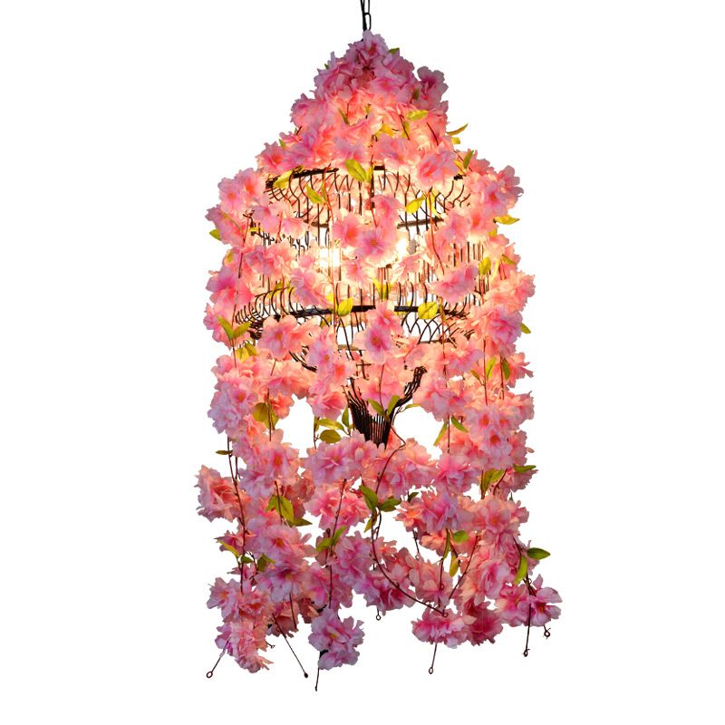 Drum Cage Iron Hanging Chandelier Industrial 3 Lights Restaurant Flower Suspension Lamp in Pink