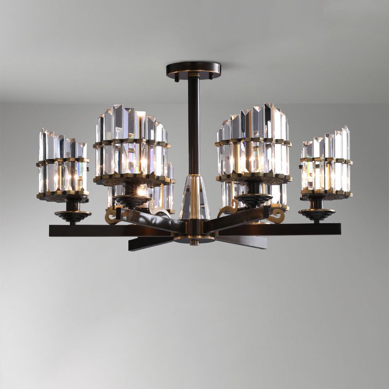 Minimalism Starburst Ceiling Flush 6 Heads K9 Crystal Semi Flush Mount Light Fixture in Black